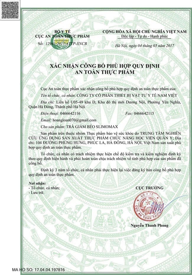 giấy phép lưu hành SLIMOMAX 