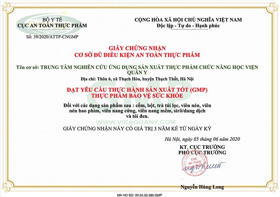 Trung tâm nghiên cứu ứng dụng sản xuất tpch học viện quân y đạt chuẩn GMP